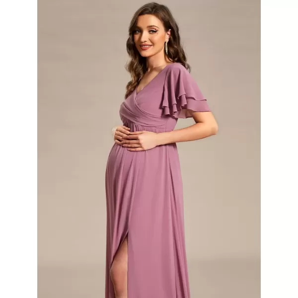 imageEverPretty Womens Chiffon V Neck Short Sleeves Pleated Slit A Line FloorLength Maternity Party Dress 01862EYOrchid