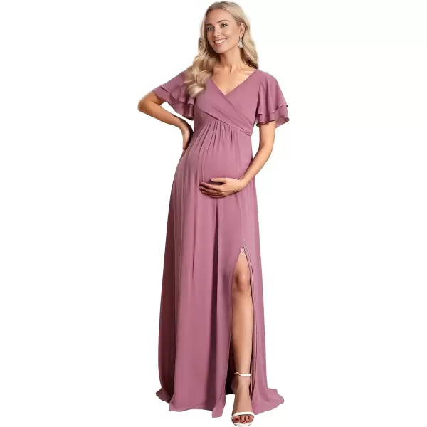 imageEverPretty Womens Chiffon V Neck Short Sleeves Pleated Slit A Line FloorLength Maternity Party Dress 01862EYOrchid