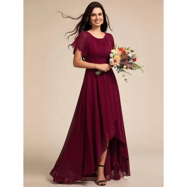 imageEverPretty Womens Crew Neck Short Sleeves Elastic Waist Slit Flowy A Line HiLo Wedding Guest Dress 02213Burgundy