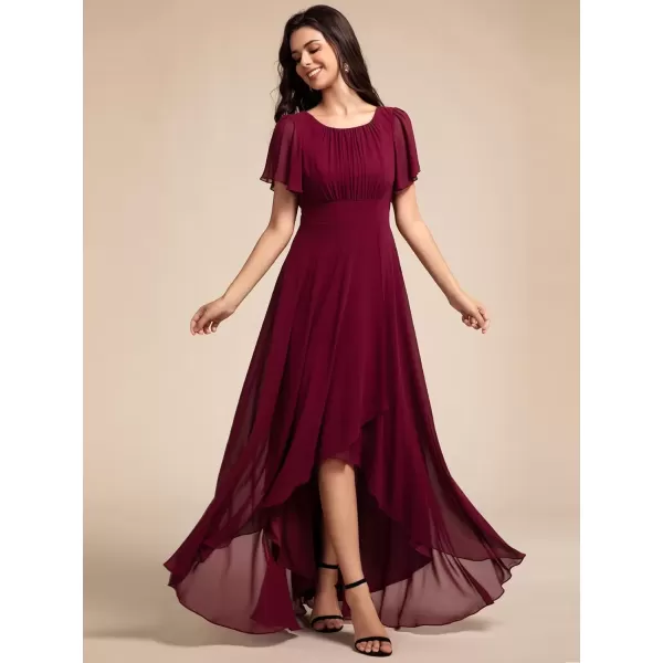 imageEverPretty Womens Crew Neck Short Sleeves Elastic Waist Slit Flowy A Line HiLo Wedding Guest Dress 02213Burgundy