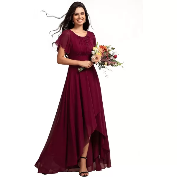 imageEverPretty Womens Crew Neck Short Sleeves Elastic Waist Slit Flowy A Line HiLo Wedding Guest Dress 02213Burgundy