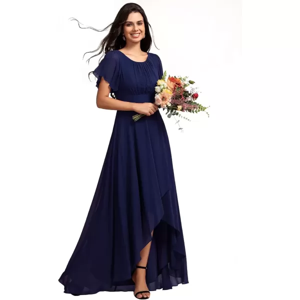 imageEverPretty Womens Crew Neck Short Sleeves Elastic Waist Slit Flowy A Line HiLo Wedding Guest Dress 02213Navy Blue