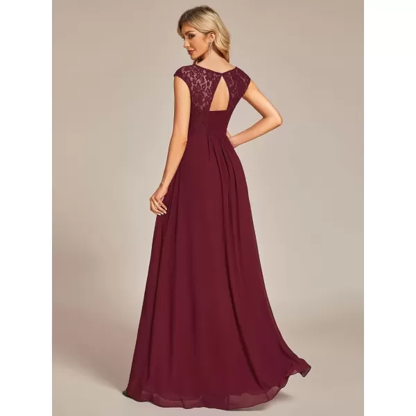 imageEverPretty Womens Crewneck Lace Cap Sleeve Pleated A Line Chiffon Bridesmaid Dresses 01745Burgundy