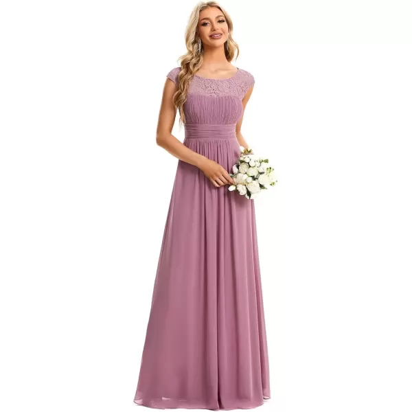 imageEverPretty Womens Crewneck Lace Cap Sleeve Pleated A Line Chiffon Bridesmaid Dresses 01745Orchid