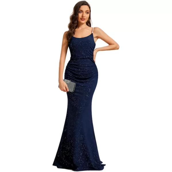 imageEverPretty Womens Crystal Spaghetti Strap Scoop Neck Glitter Bodycon Mermaid Evening Dress 01945Navy Blue