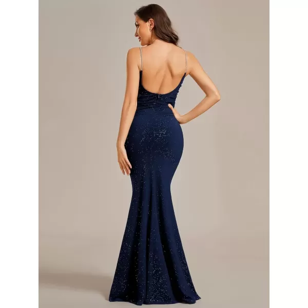 imageEverPretty Womens Crystal Spaghetti Strap Scoop Neck Glitter Bodycon Mermaid Evening Dress 01945Navy Blue