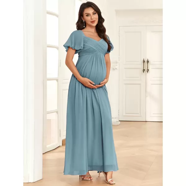 imageEverPretty Womens Double V Neck Short Sleeve Pleated A Line Chiffon Maternity Casual Dress 01565EYDusty Blue