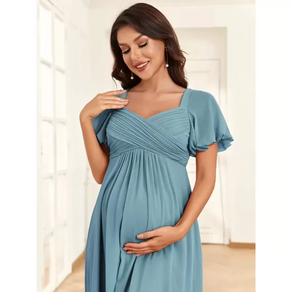 imageEverPretty Womens Double V Neck Short Sleeve Pleated A Line Chiffon Maternity Casual Dress 01565EYDusty Blue