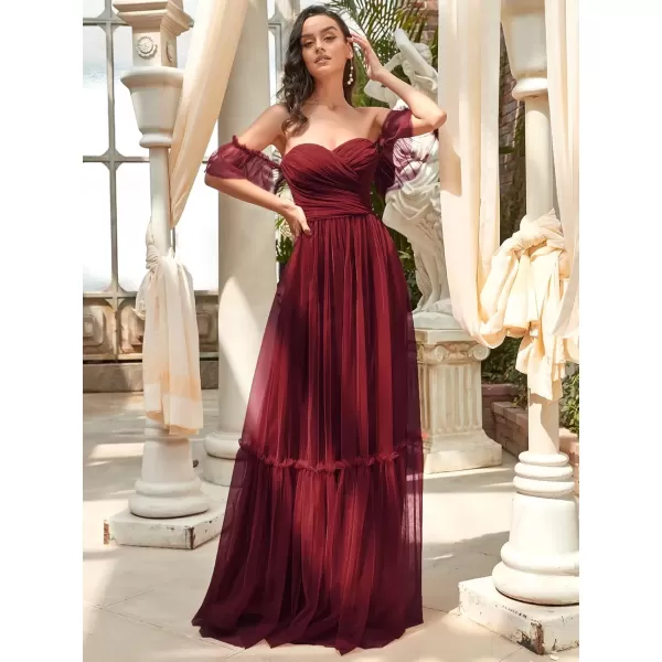 imageEverPretty Womens Formal Dress Sweetheart OffShoulder Ruched Tulle Maxi Bridesmaid Dresses 50126Burgundy