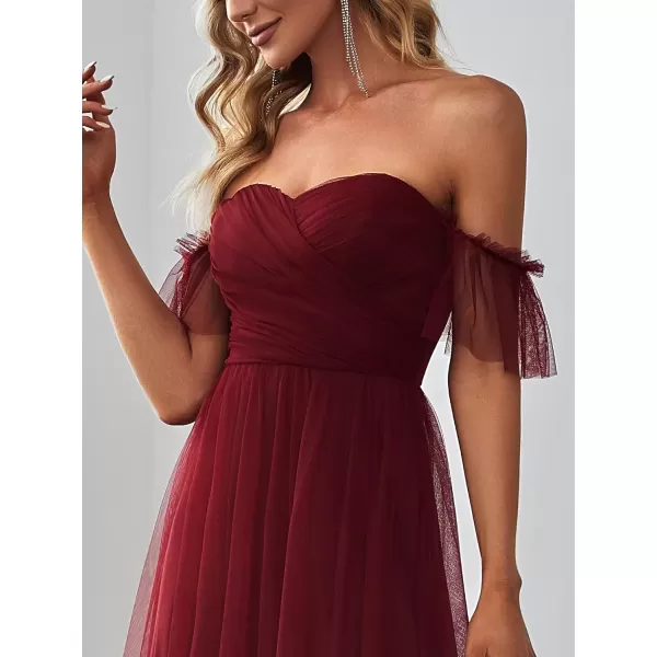 imageEverPretty Womens Formal Dress Sweetheart OffShoulder Ruched Tulle Maxi Bridesmaid Dresses 50126Burgundy