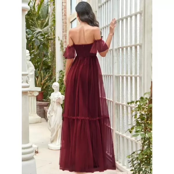 imageEverPretty Womens Formal Dress Sweetheart OffShoulder Ruched Tulle Maxi Bridesmaid Dresses 50126Burgundy