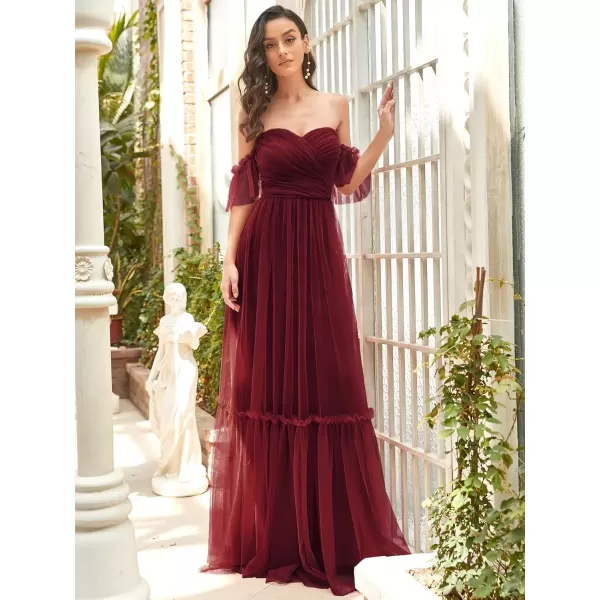 imageEverPretty Womens Formal Dress Sweetheart OffShoulder Ruched Tulle Maxi Bridesmaid Dresses 50126Burgundy