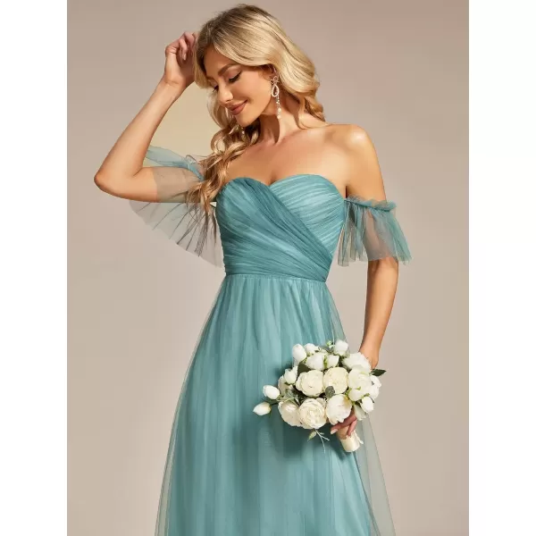 imageEverPretty Womens Formal Dress Sweetheart OffShoulder Ruched Tulle Maxi Bridesmaid Dresses 50126Dusty Blue