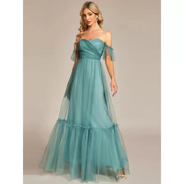 imageEverPretty Womens Formal Dress Sweetheart OffShoulder Ruched Tulle Maxi Bridesmaid Dresses 50126Dusty Blue