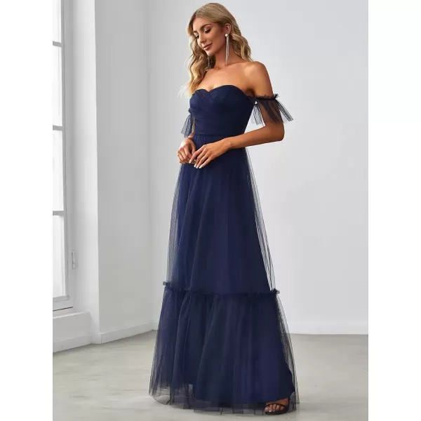 imageEverPretty Womens Formal Dress Sweetheart OffShoulder Ruched Tulle Maxi Bridesmaid Dresses 50126Navy Blue