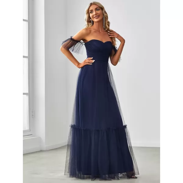 imageEverPretty Womens Formal Dress Sweetheart OffShoulder Ruched Tulle Maxi Bridesmaid Dresses 50126Navy Blue