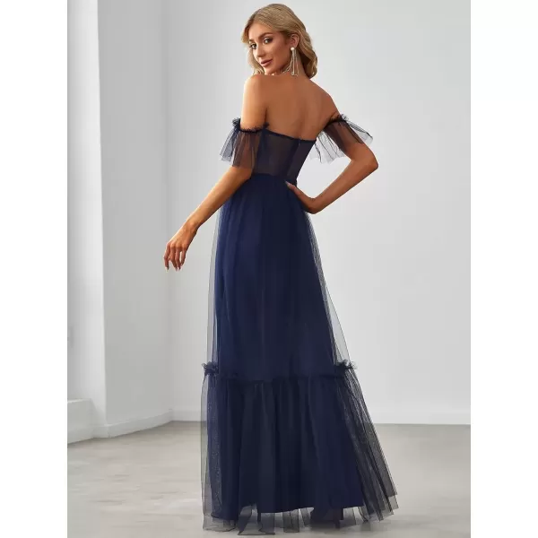 imageEverPretty Womens Formal Dress Sweetheart OffShoulder Ruched Tulle Maxi Bridesmaid Dresses 50126Navy Blue