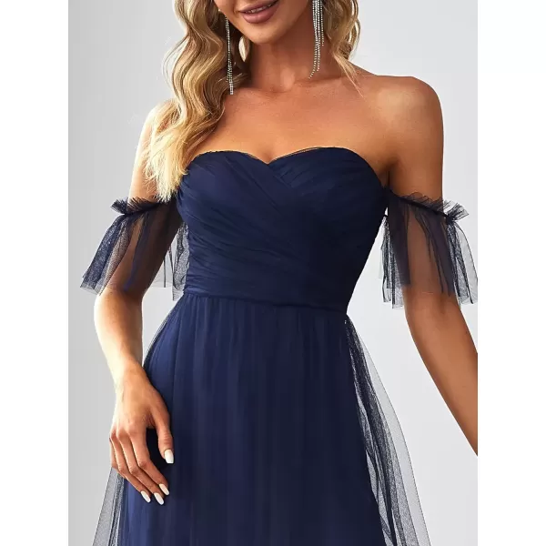 imageEverPretty Womens Formal Dress Sweetheart OffShoulder Ruched Tulle Maxi Bridesmaid Dresses 50126Navy Blue