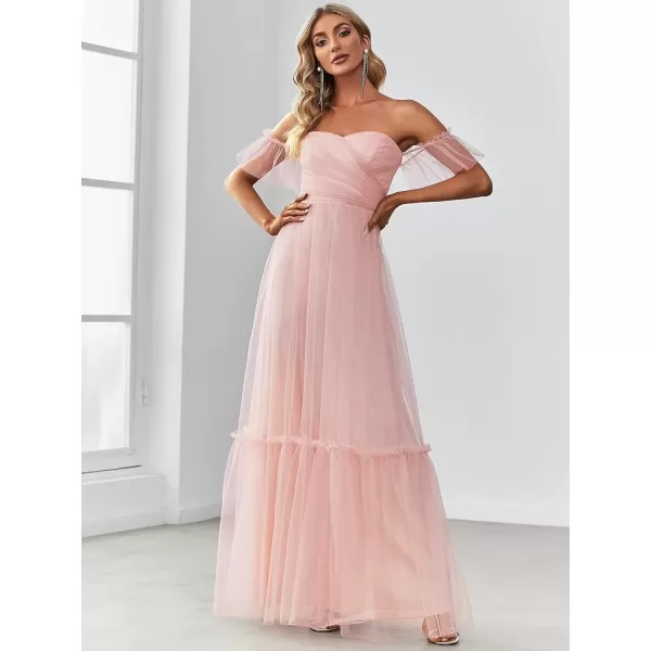 imageEverPretty Womens Formal Dress Sweetheart OffShoulder Ruched Tulle Maxi Bridesmaid Dresses 50126Pink