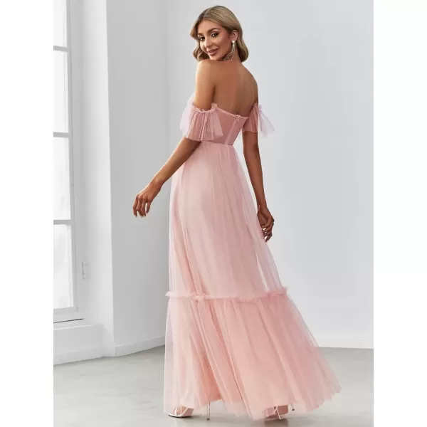 imageEverPretty Womens Formal Dress Sweetheart OffShoulder Ruched Tulle Maxi Bridesmaid Dresses 50126Pink