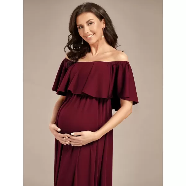 imageEverPretty Womens Off Shoulder Puff Sleeve Ruched Waist A Line Floor Length Maternity Casual Dress 01802EYBurgundy