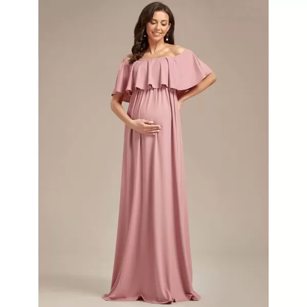 imageEverPretty Womens Off Shoulder Puff Sleeve Ruched Waist A Line Floor Length Maternity Casual Dress 01802EYDusty Rose