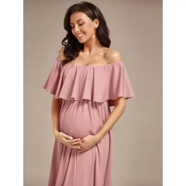 imageEverPretty Womens Off Shoulder Puff Sleeve Ruched Waist A Line Floor Length Maternity Casual Dress 01802EYDusty Rose