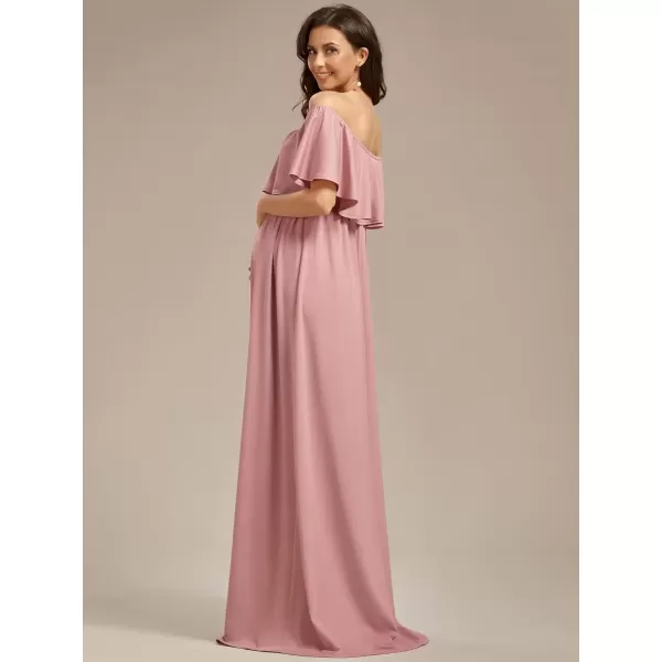 imageEverPretty Womens Off Shoulder Puff Sleeve Ruched Waist A Line Floor Length Maternity Casual Dress 01802EYDusty Rose