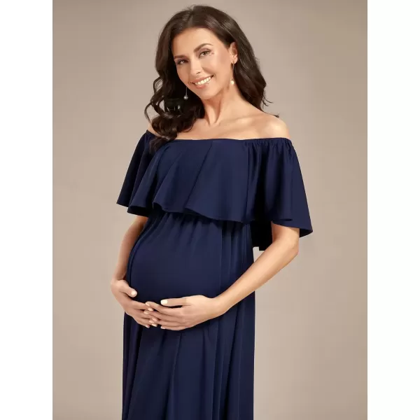 imageEverPretty Womens Off Shoulder Puff Sleeve Ruched Waist A Line Floor Length Maternity Casual Dress 01802EYNavy Blue