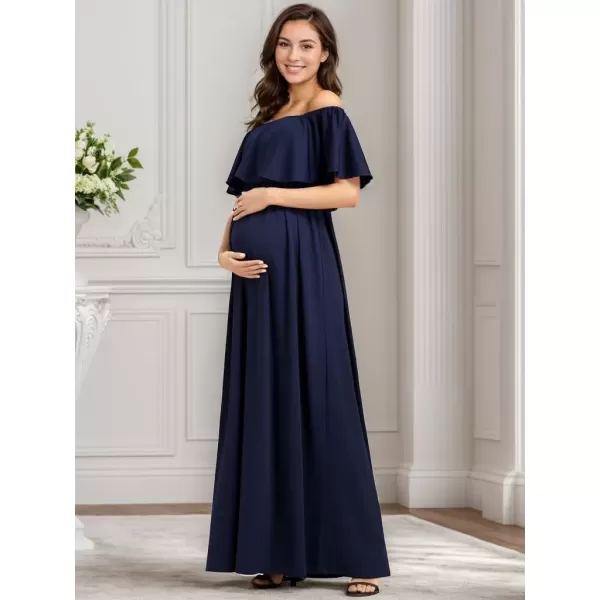 imageEverPretty Womens Off Shoulder Puff Sleeve Ruched Waist A Line Floor Length Maternity Casual Dress 01802EYNavy Blue