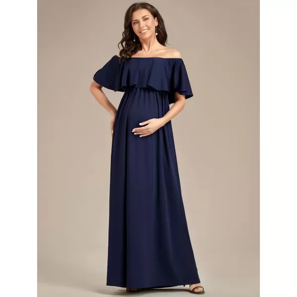 imageEverPretty Womens Off Shoulder Puff Sleeve Ruched Waist A Line Floor Length Maternity Casual Dress 01802EYNavy Blue