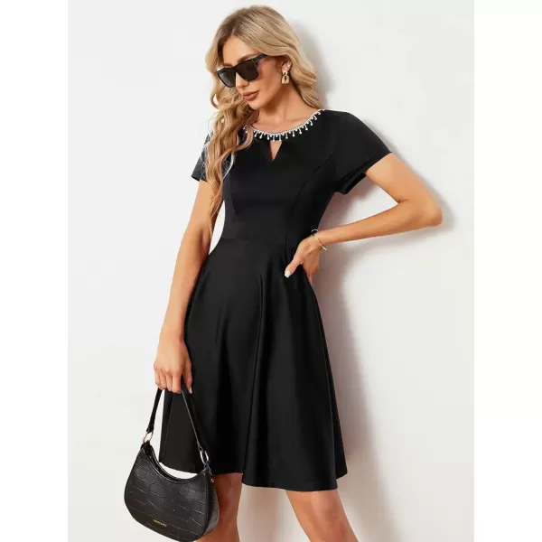 imageEverPretty Womens Rrhinestone Neckline Short Sleeves ALine Mini Summer 2023 Casual Dresses 01792Black