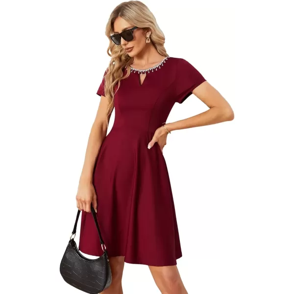 imageEverPretty Womens Rrhinestone Neckline Short Sleeves ALine Mini Summer 2023 Casual Dresses 01792Burgundy