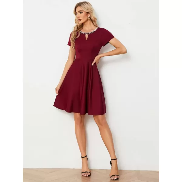 imageEverPretty Womens Rrhinestone Neckline Short Sleeves ALine Mini Summer 2023 Casual Dresses 01792Burgundy