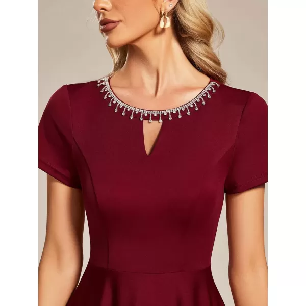 imageEverPretty Womens Rrhinestone Neckline Short Sleeves ALine Mini Summer 2023 Casual Dresses 01792Burgundy