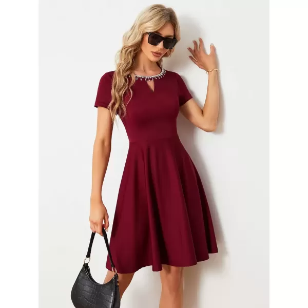 imageEverPretty Womens Rrhinestone Neckline Short Sleeves ALine Mini Summer 2023 Casual Dresses 01792Burgundy