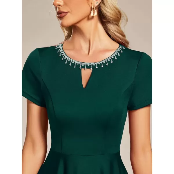 imageEverPretty Womens Rrhinestone Neckline Short Sleeves ALine Mini Summer 2023 Casual Dresses 01792Dark Green