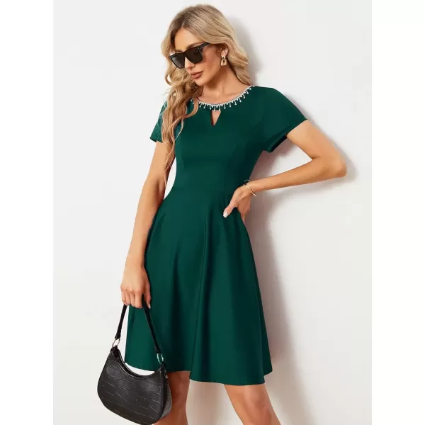 imageEverPretty Womens Rrhinestone Neckline Short Sleeves ALine Mini Summer 2023 Casual Dresses 01792Dark Green