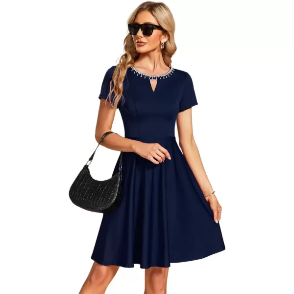 imageEverPretty Womens Rrhinestone Neckline Short Sleeves ALine Mini Summer 2023 Casual Dresses 01792Navy Blue