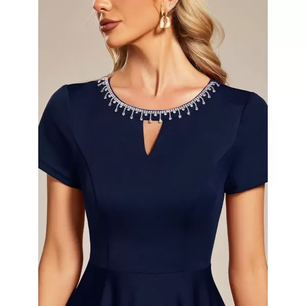 imageEverPretty Womens Rrhinestone Neckline Short Sleeves ALine Mini Summer 2023 Casual Dresses 01792Navy Blue