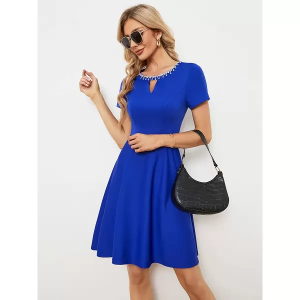 imageEverPretty Womens Rrhinestone Neckline Short Sleeves ALine Mini Summer 2023 Casual Dresses 01792Sapphire Blue