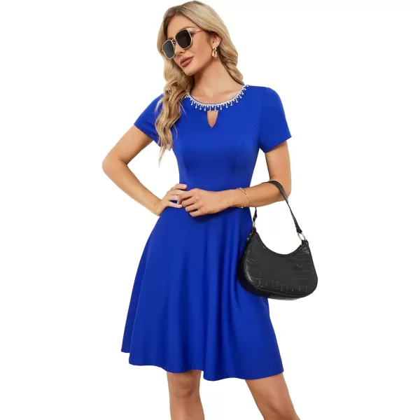 imageEverPretty Womens Rrhinestone Neckline Short Sleeves ALine Mini Summer 2023 Casual Dresses 01792Sapphire Blue