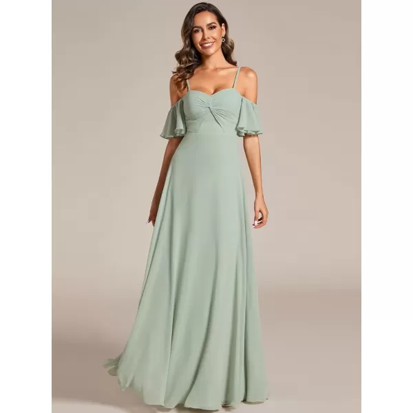 imageEverPretty Womens Ruffle Sleeve Bridemaid Dress Off Shoulder Pleated A Line Chiffon Long Formal Dress 02013Mint Green