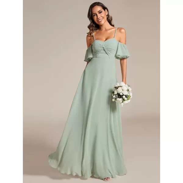 imageEverPretty Womens Ruffle Sleeve Bridemaid Dress Off Shoulder Pleated A Line Chiffon Long Formal Dress 02013Mint Green