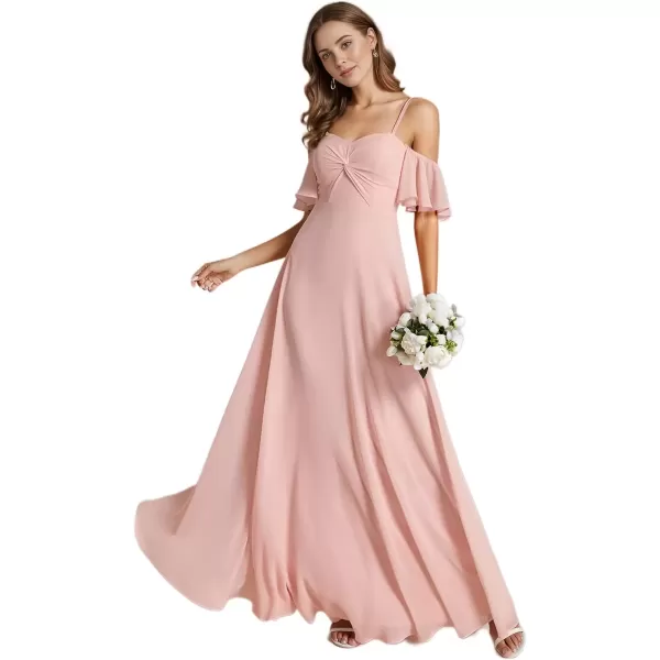 imageEverPretty Womens Ruffle Sleeve Bridemaid Dress Off Shoulder Pleated A Line Chiffon Long Formal Dress 02013Pink