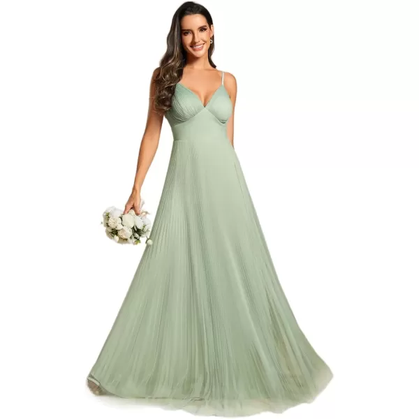 imageEverPretty Womens Sexy Spaghetti Strap A Line V Neck Tulle Pleated Formal Dresses 02069Mint Green