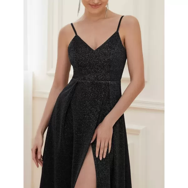 imageEverPretty Womens Sexy Spaghetti Straps Slit ALine Glitter Prom Dress 50120Black