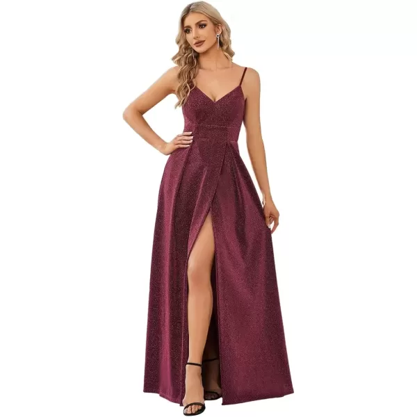 imageEverPretty Womens Sexy Spaghetti Straps Slit ALine Glitter Prom Dress 50120Burgundy