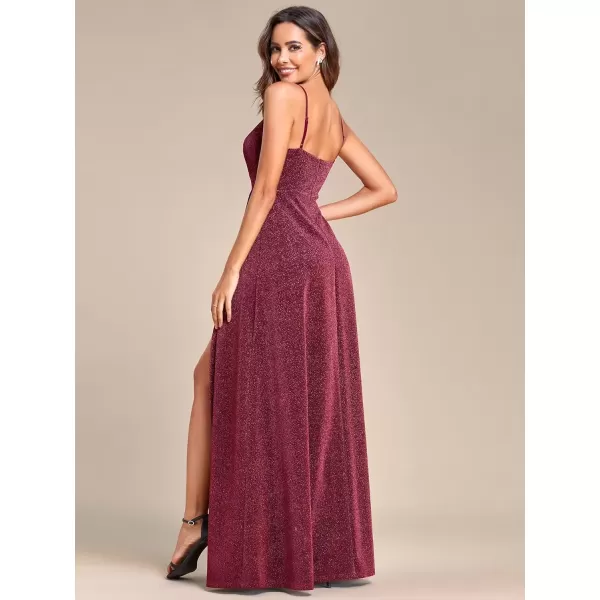 imageEverPretty Womens Sexy Spaghetti Straps Slit ALine Glitter Prom Dress 50120Burgundy