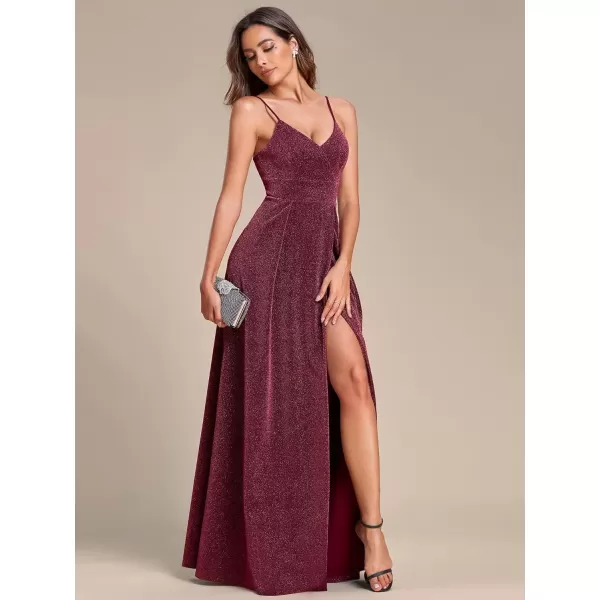 imageEverPretty Womens Sexy Spaghetti Straps Slit ALine Glitter Prom Dress 50120Burgundy